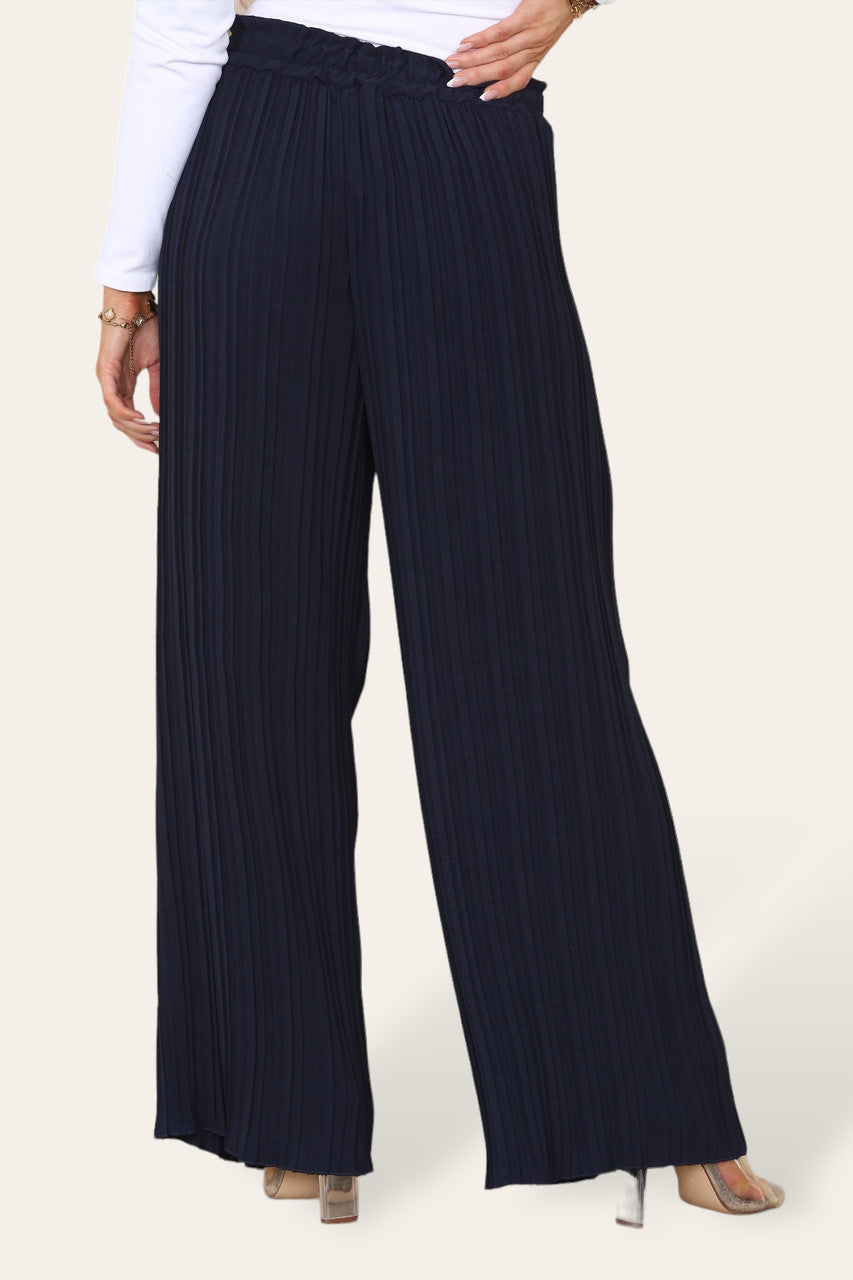 WIDE LEG PLISSE PLEATED ELASTICATED WAIST TROUSERS NAVY