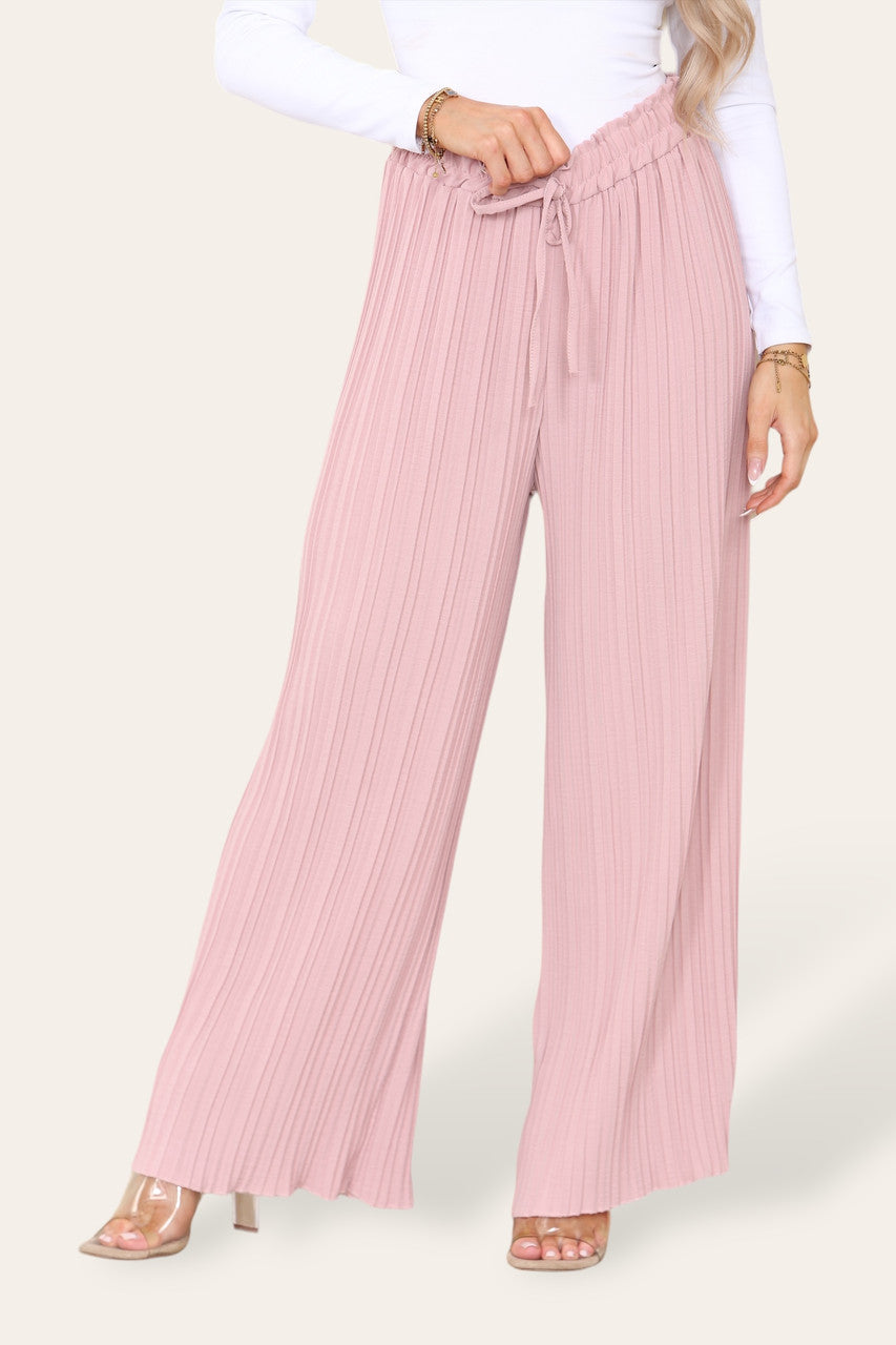 WIDE LEG PLISSE PLEATED ELASTICATED WAIST TROUSERS DUSTY PINK