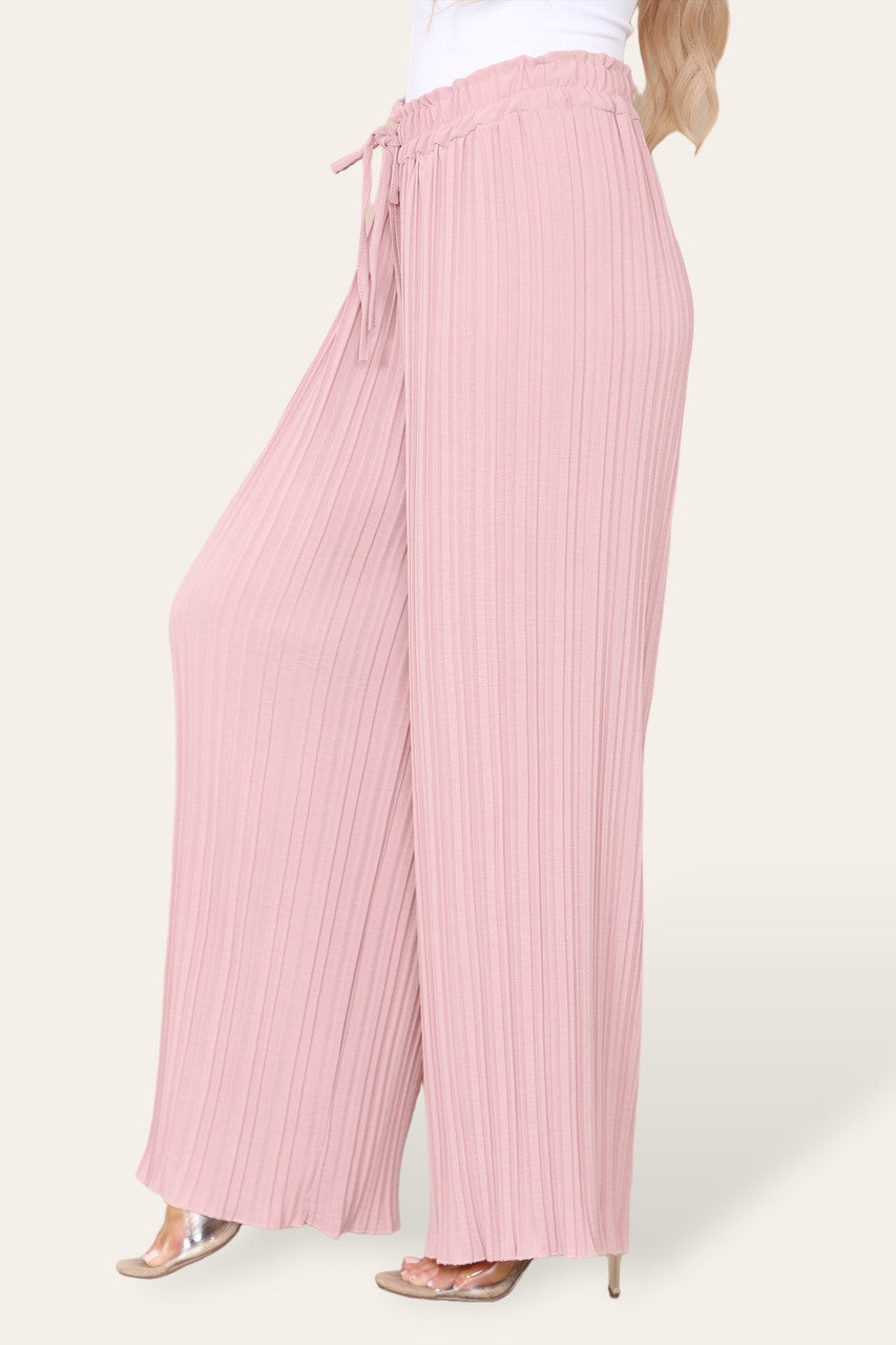 WIDE LEG PLISSE PLEATED ELASTICATED WAIST TROUSERS DUSTY PINK