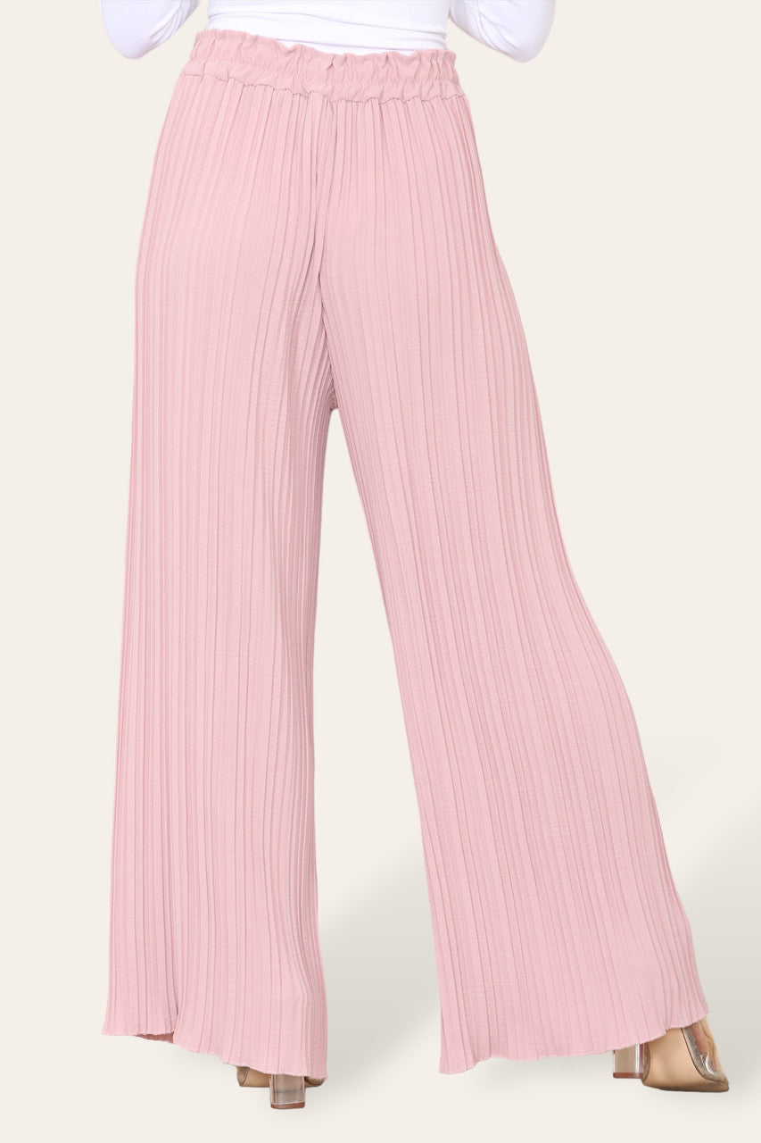 WIDE LEG PLISSE PLEATED ELASTICATED WAIST TROUSERS DUSTY PINK