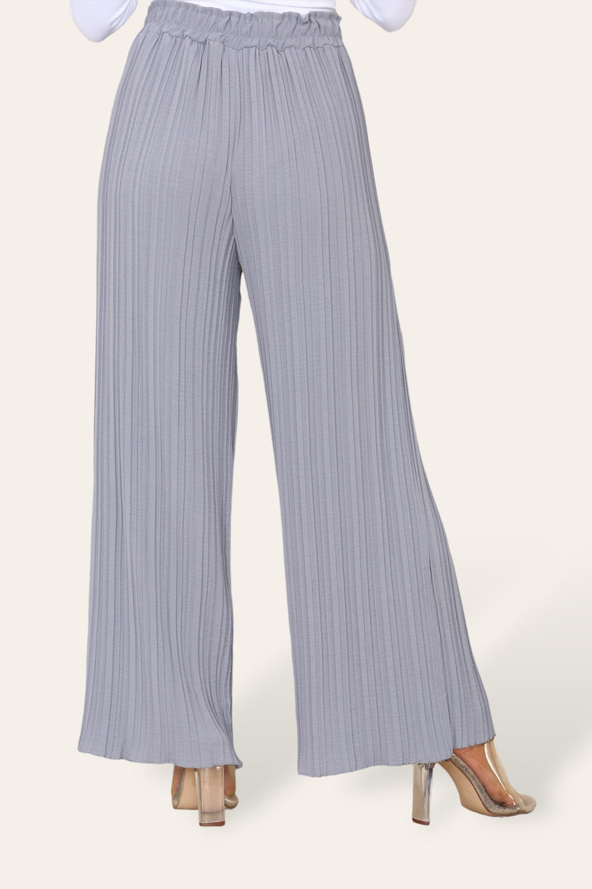 PAPIEREN BROEK MET WIJDE PIJPEN, PLISSÉPLOOIEN EN ELASTIEKE TAILLE ZILVERGRIJS