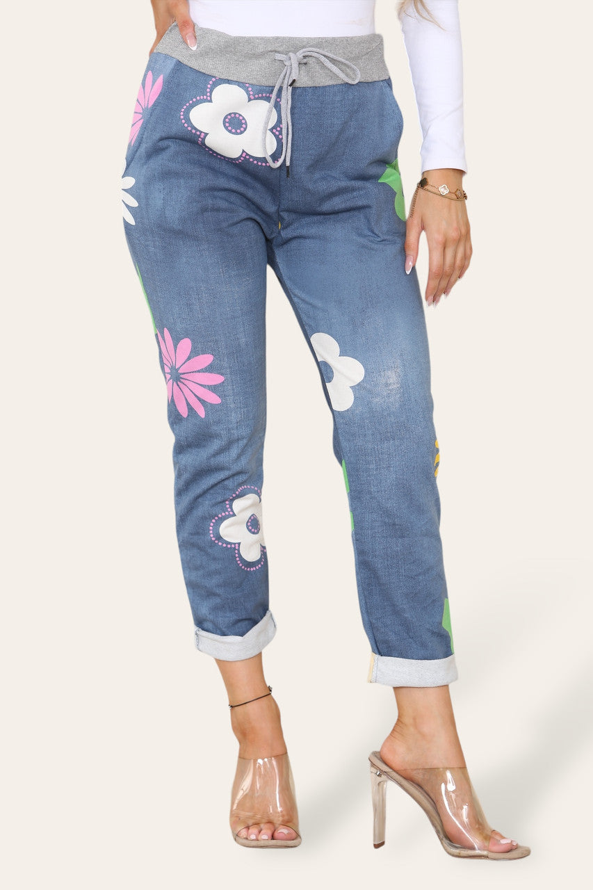 FLORAL SHAPES PRINT JOGGING PANT TROUSERS LIGHT DENIM