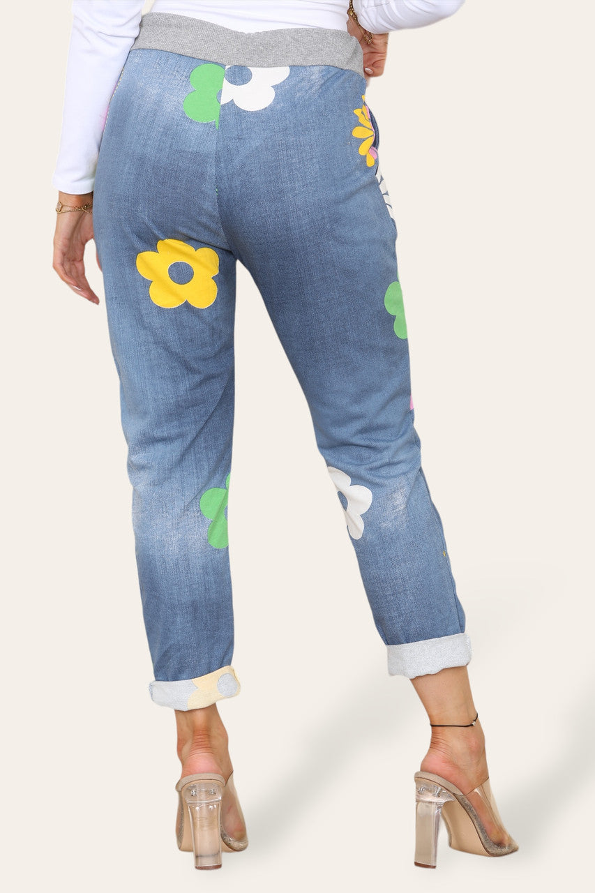 FLORAL SHAPES PRINT JOGGING PANT TROUSERS LIGHT DENIM