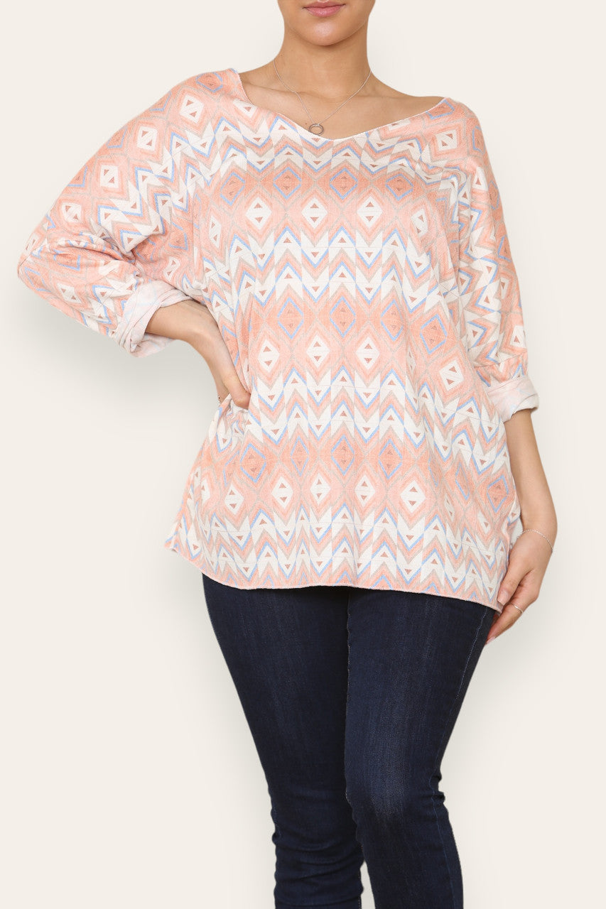 GEOMETRIC AZTEC PRINT FINE KNIT TOP ORANGE