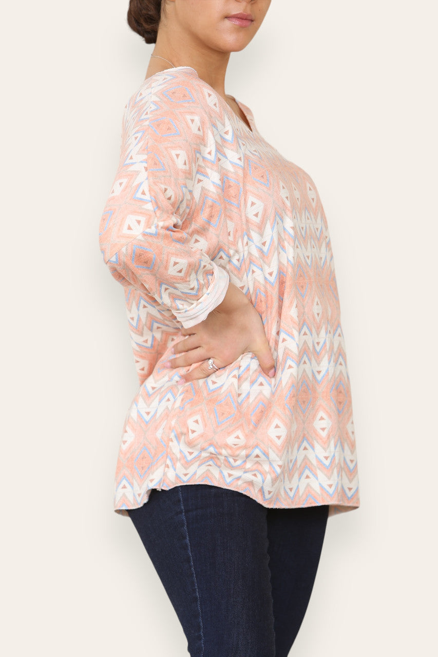GEOMETRIC AZTEC PRINT FINE KNIT TOP ORANGE
