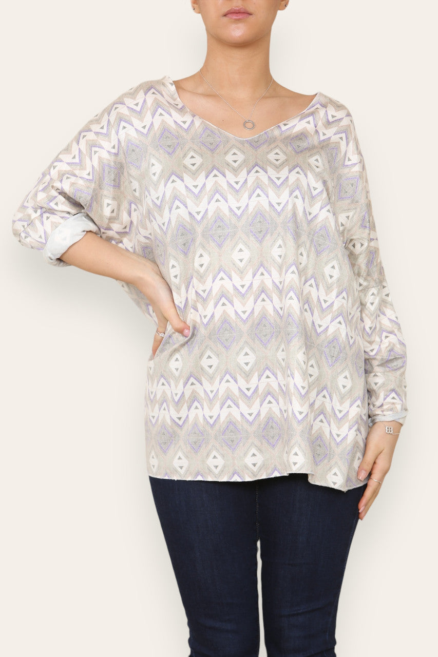 GEOMETRIC AZTEC PRINT FINE KNIT TOP KHAKI