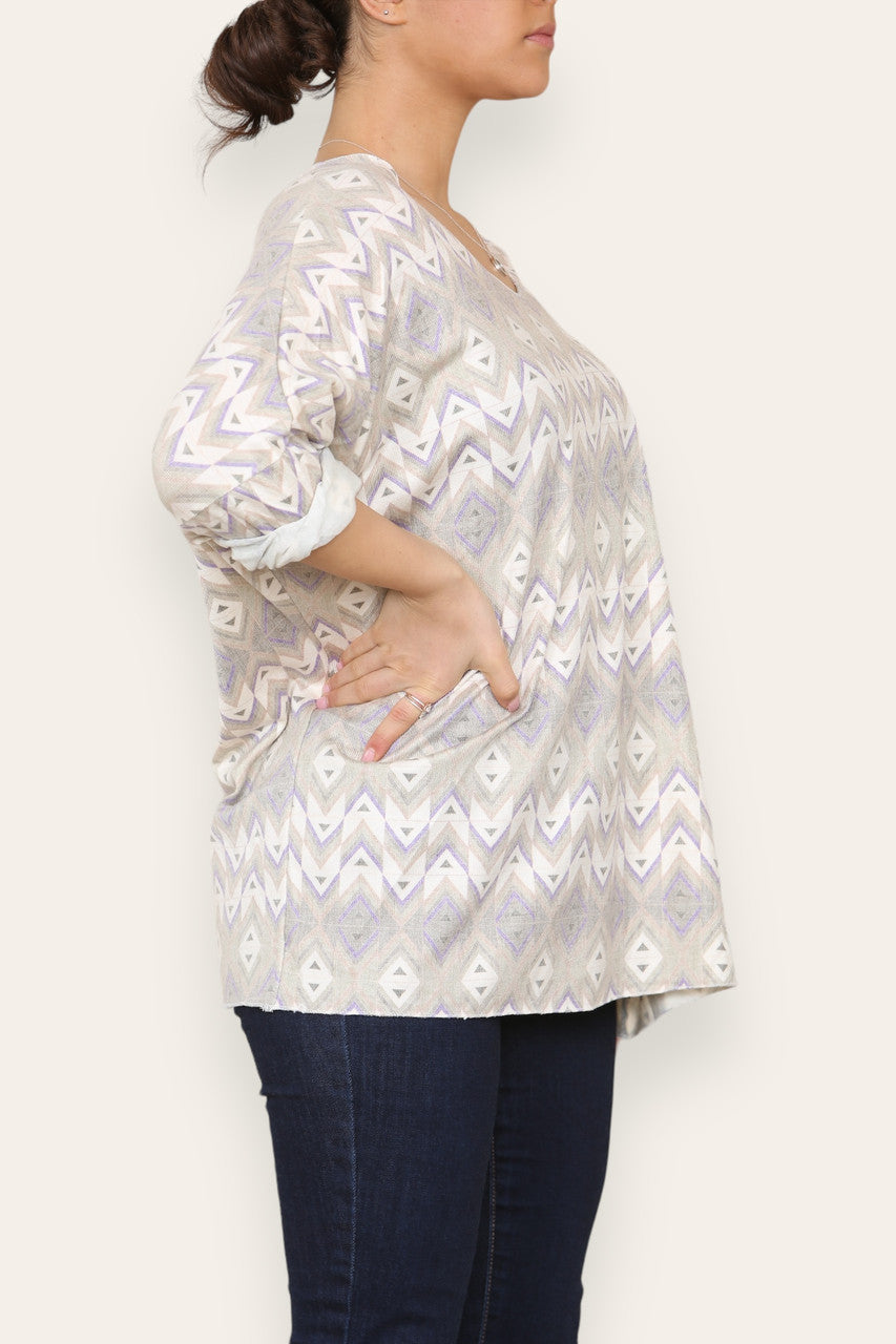 GEOMETRIC AZTEC PRINT FINE KNIT TOP KHAKI