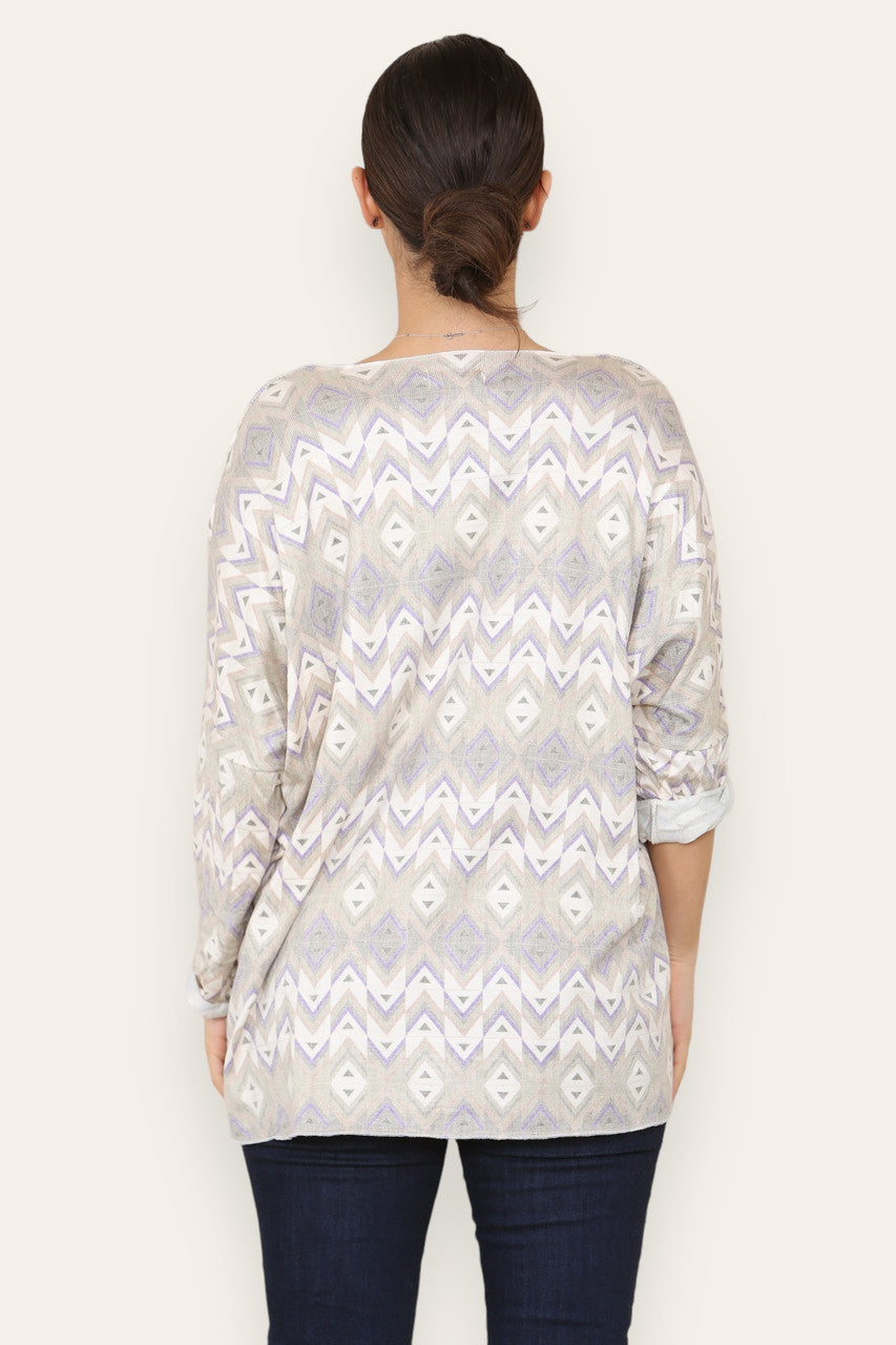 GEOMETRIC AZTEC PRINT FINE KNIT TOP KHAKI