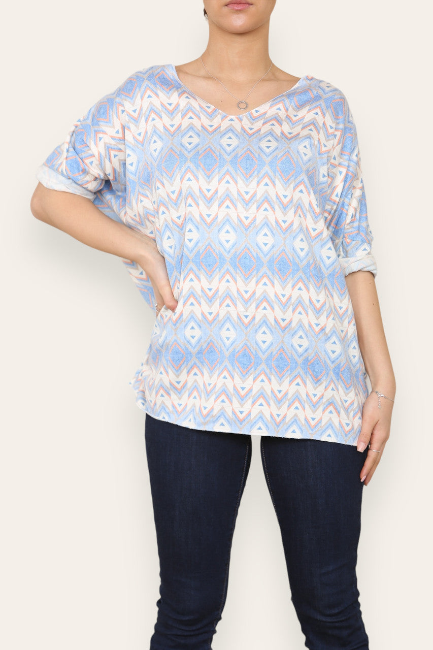 GEOMETRIC AZTEC PRINT FINE KNIT TOP LIGHT BLUE