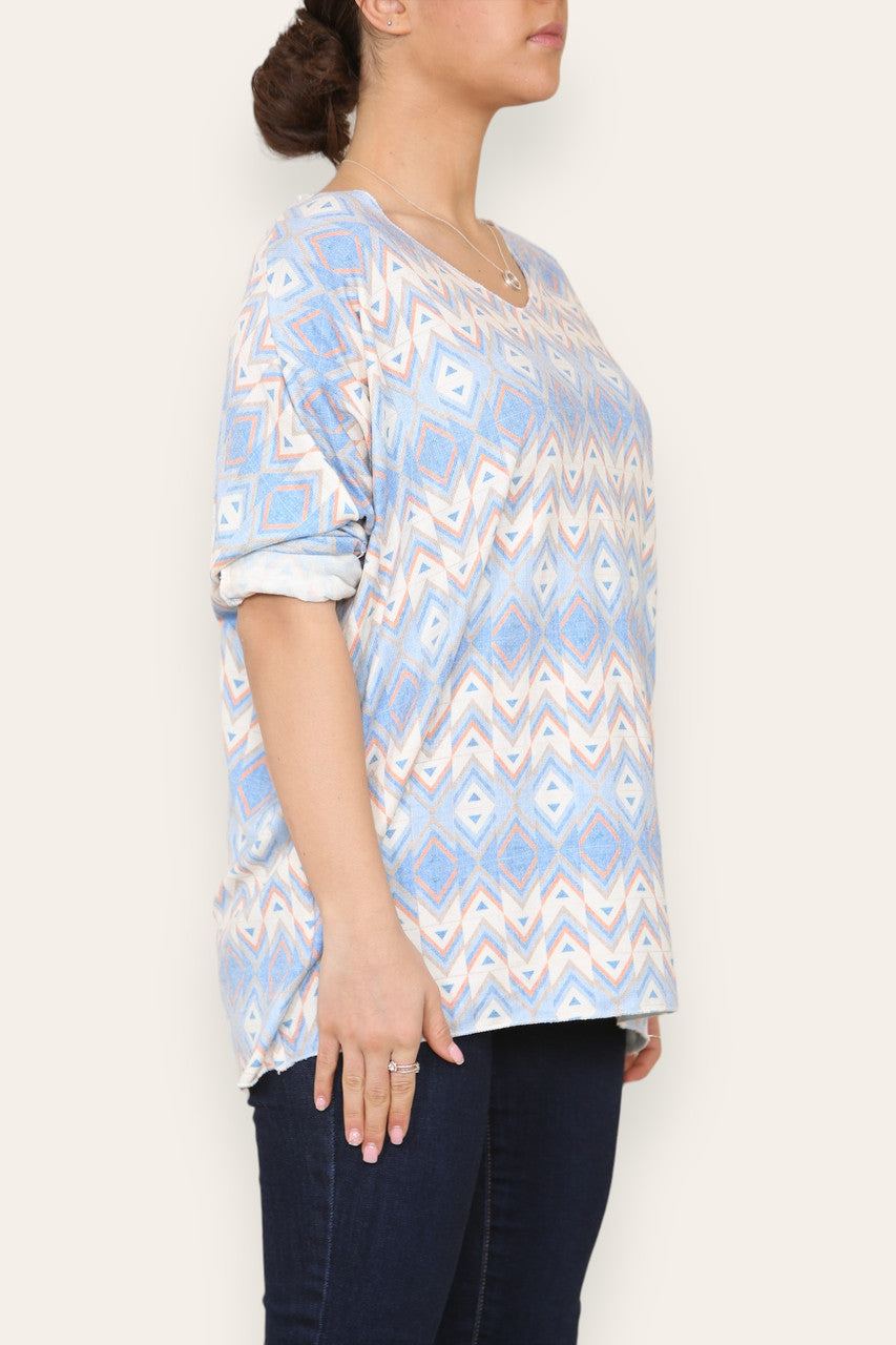 GEOMETRIC AZTEC PRINT FINE KNIT TOP LIGHT BLUE