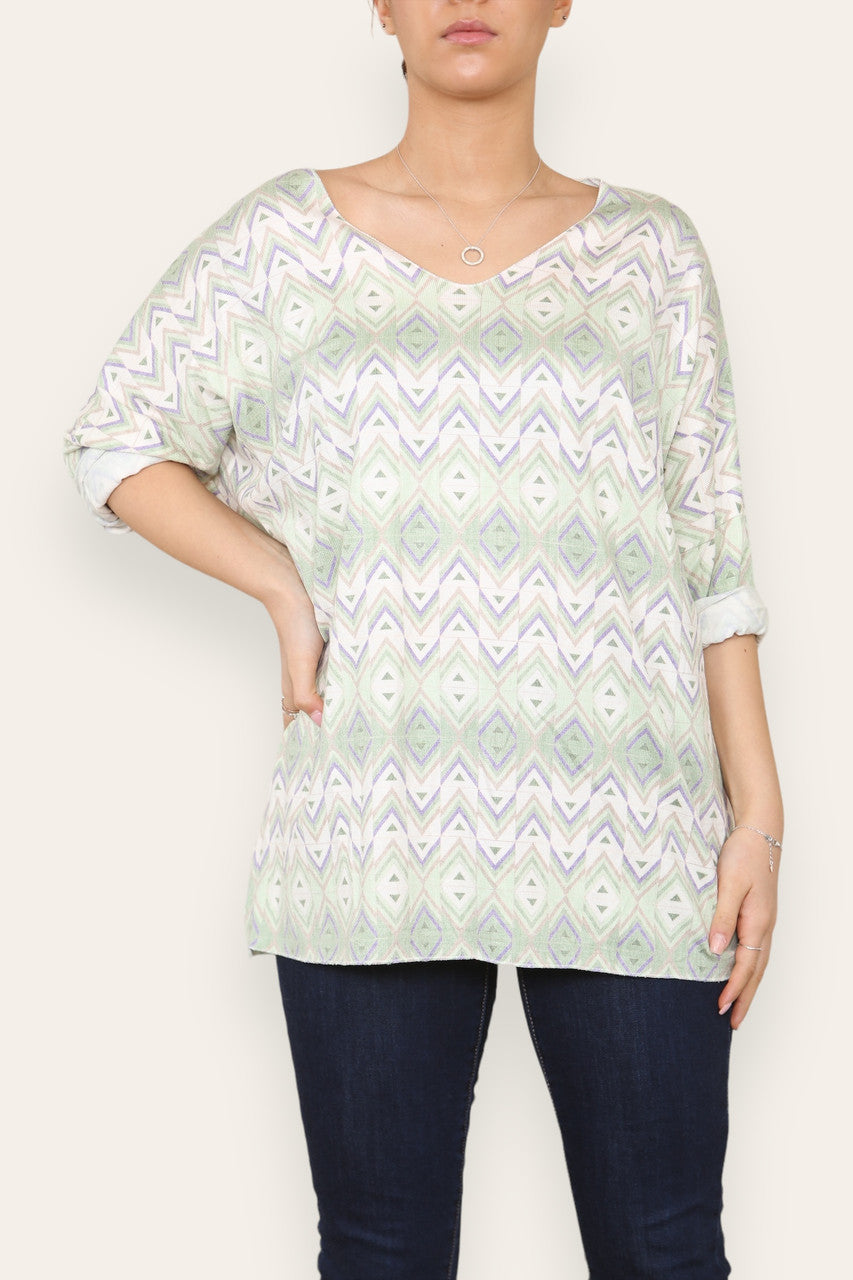 GEOMETRIC AZTEC PRINT FINE KNIT TOP LIME