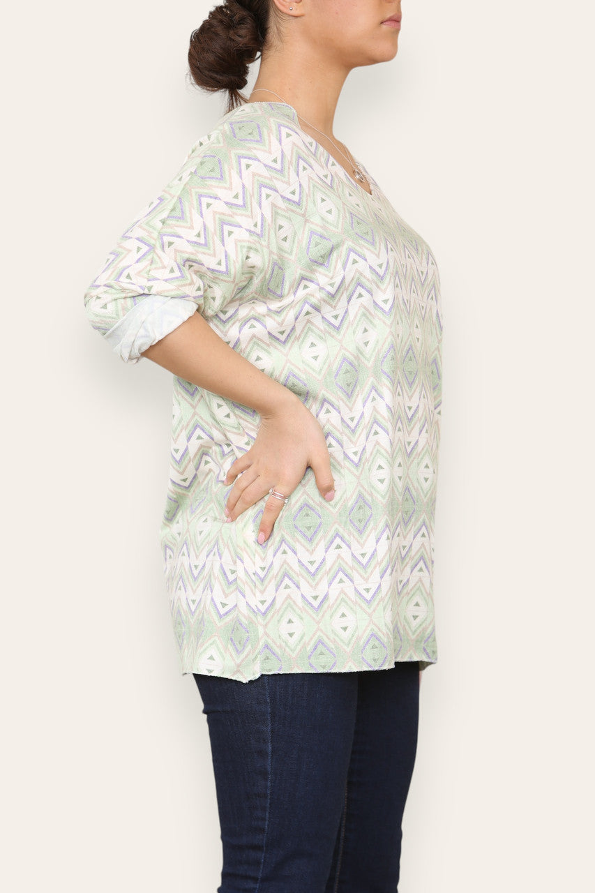 GEOMETRIC AZTEC PRINT FINE KNIT TOP LIME