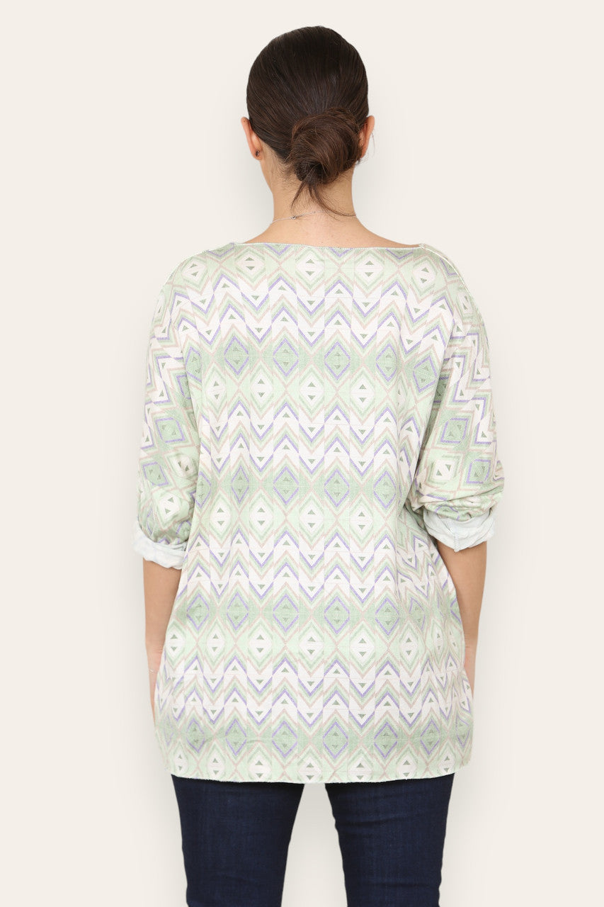 GEOMETRIC AZTEC PRINT FINE KNIT TOP LIME