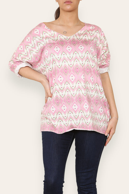 GEOMETRIC AZTEC PRINT FINE KNIT TOP CERISE