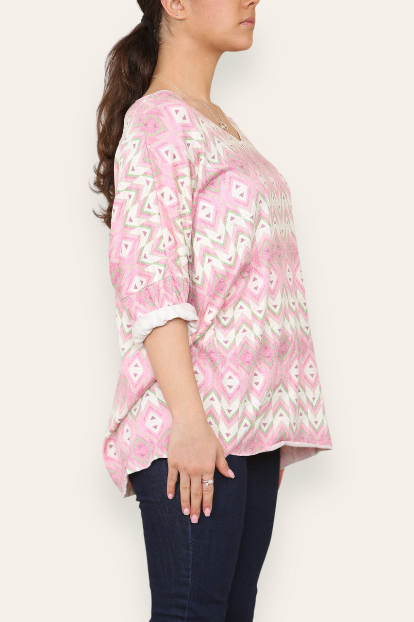 GEOMETRIC AZTEC PRINT FINE KNIT TOP CERISE