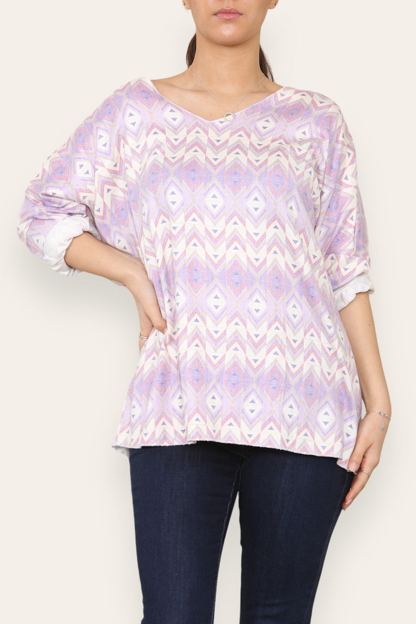 GEOMETRIC AZTEC PRINT FINE KNIT TOP LILAC