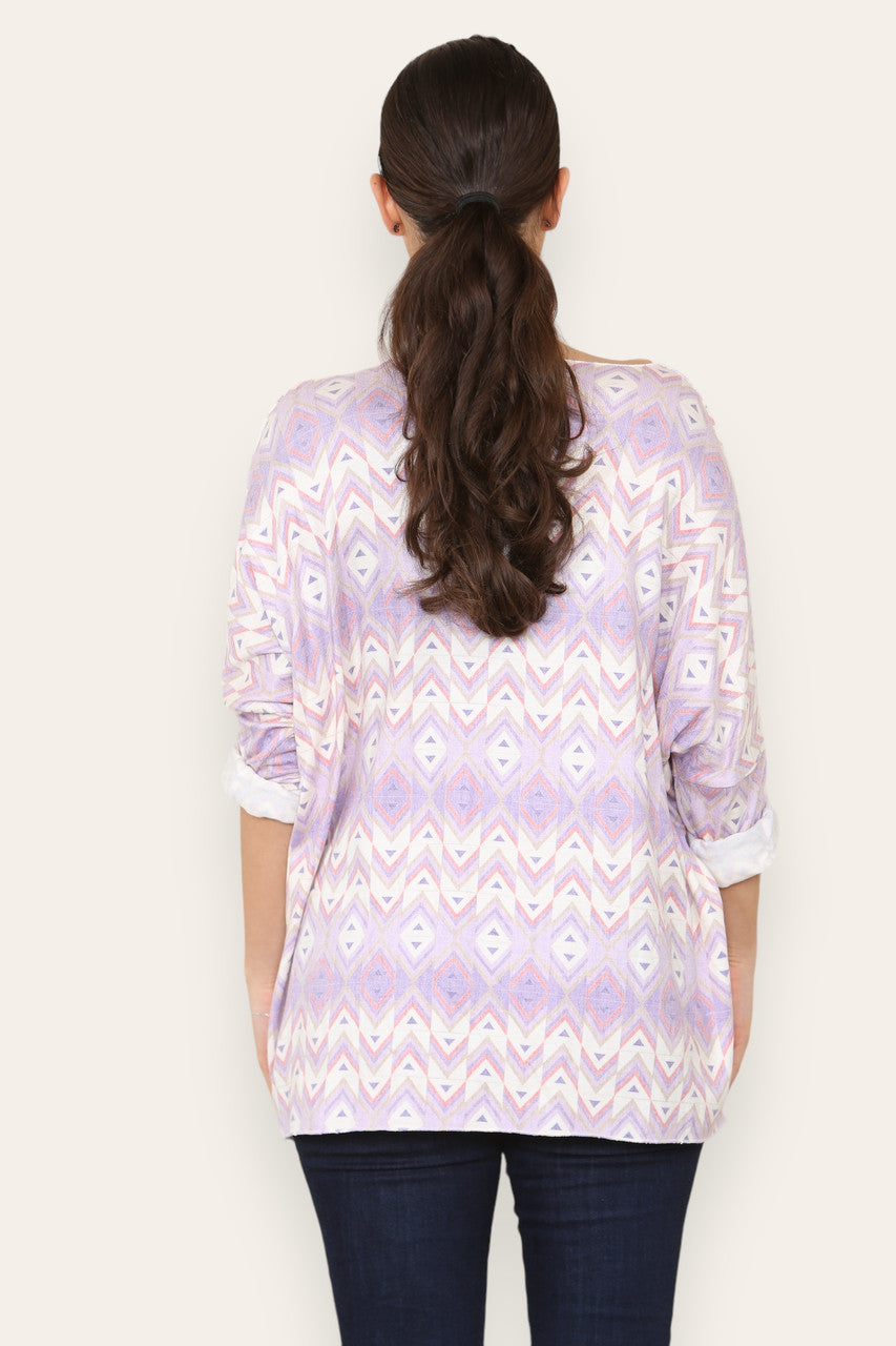 GEOMETRIC AZTEC PRINT FINE KNIT TOP LILAC