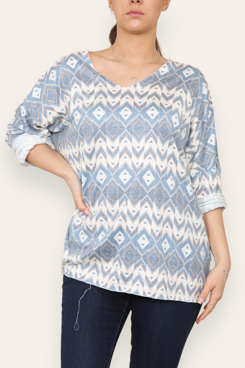 GEOMETRIC AZTEC PRINT FINE KNIT TOP DENIM