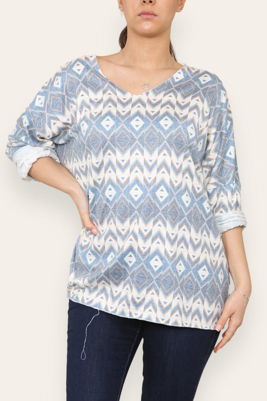 GEOMETRIC AZTEC PRINT FINE KNIT TOP DENIM