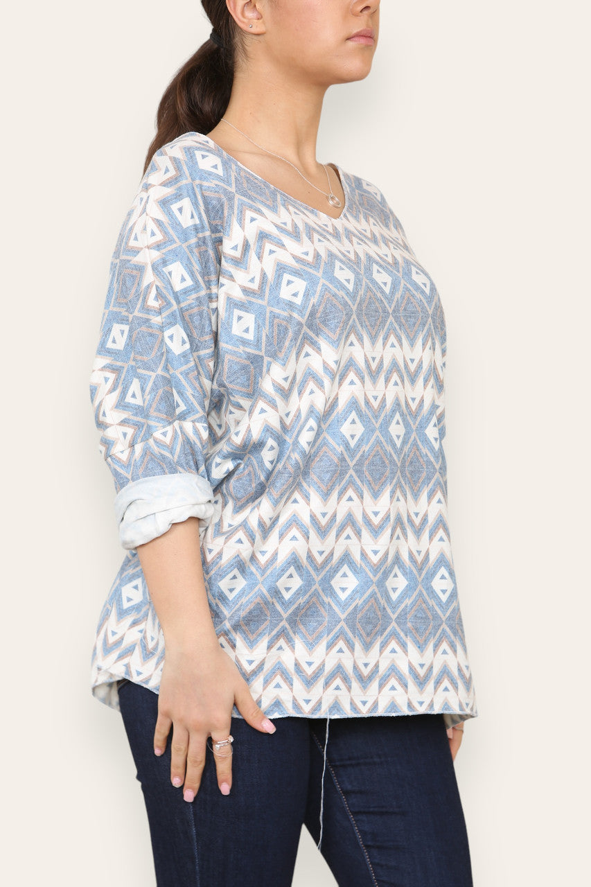 GEOMETRIC AZTEC PRINT FINE KNIT TOP DENIM