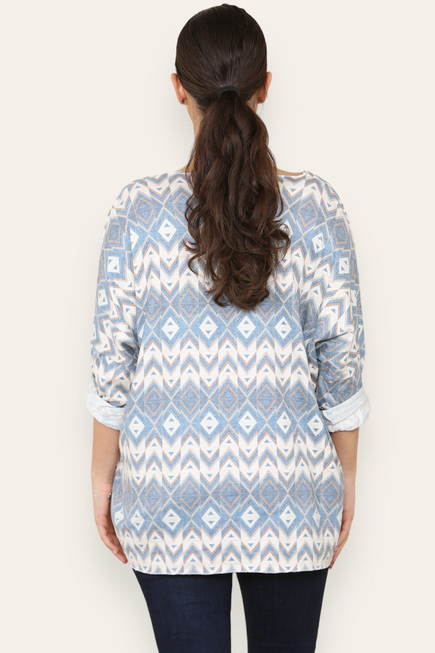 GEOMETRIC AZTEC PRINT FINE KNIT TOP DENIM