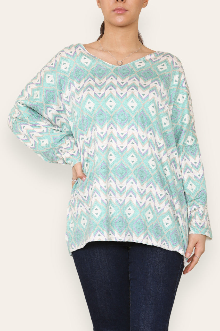 GEOMETRIC AZTEC PRINT FINE KNIT TOP GREEN