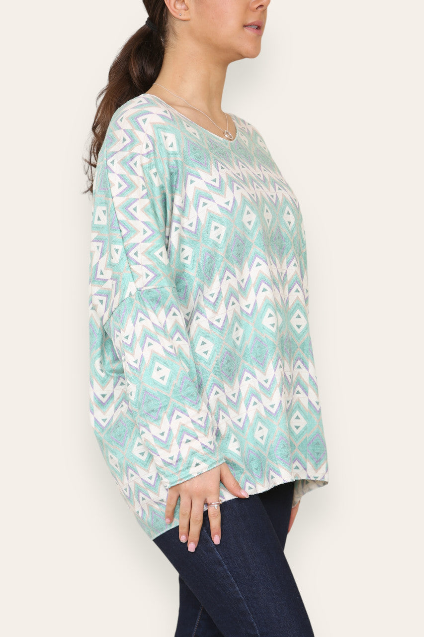 GEOMETRIC AZTEC PRINT FINE KNIT TOP GREEN