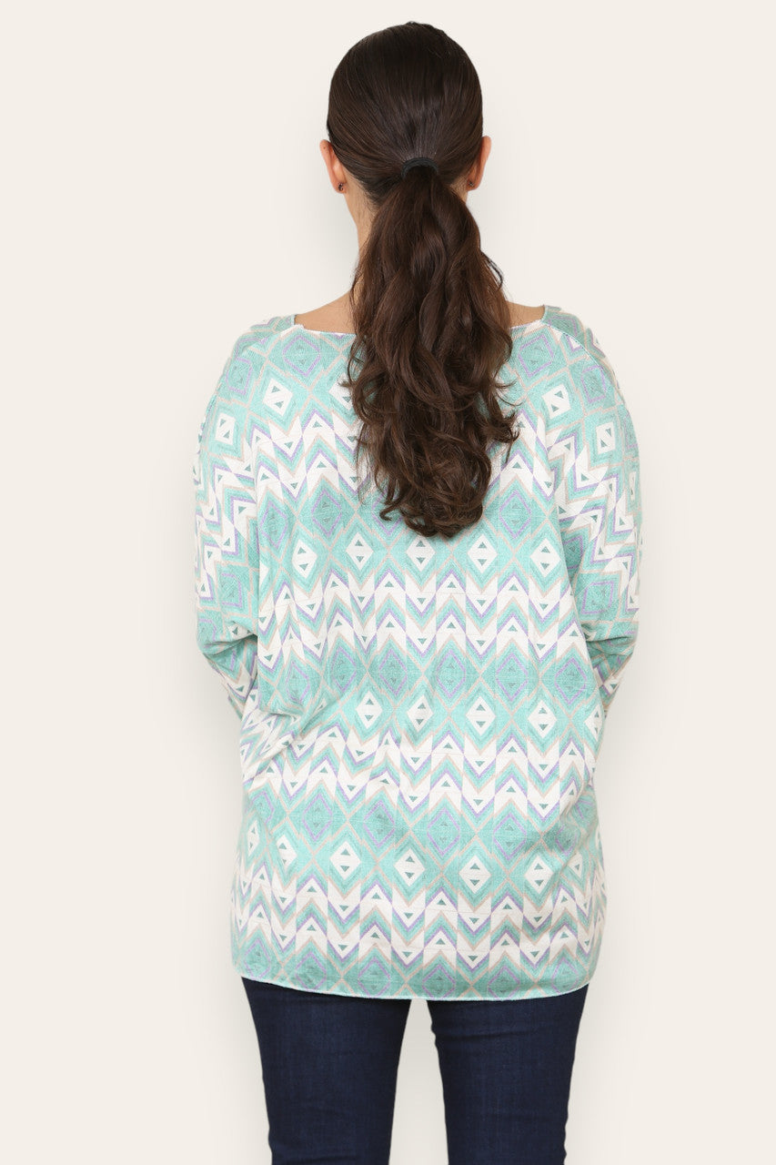 GEOMETRIC AZTEC PRINT FINE KNIT TOP GREEN