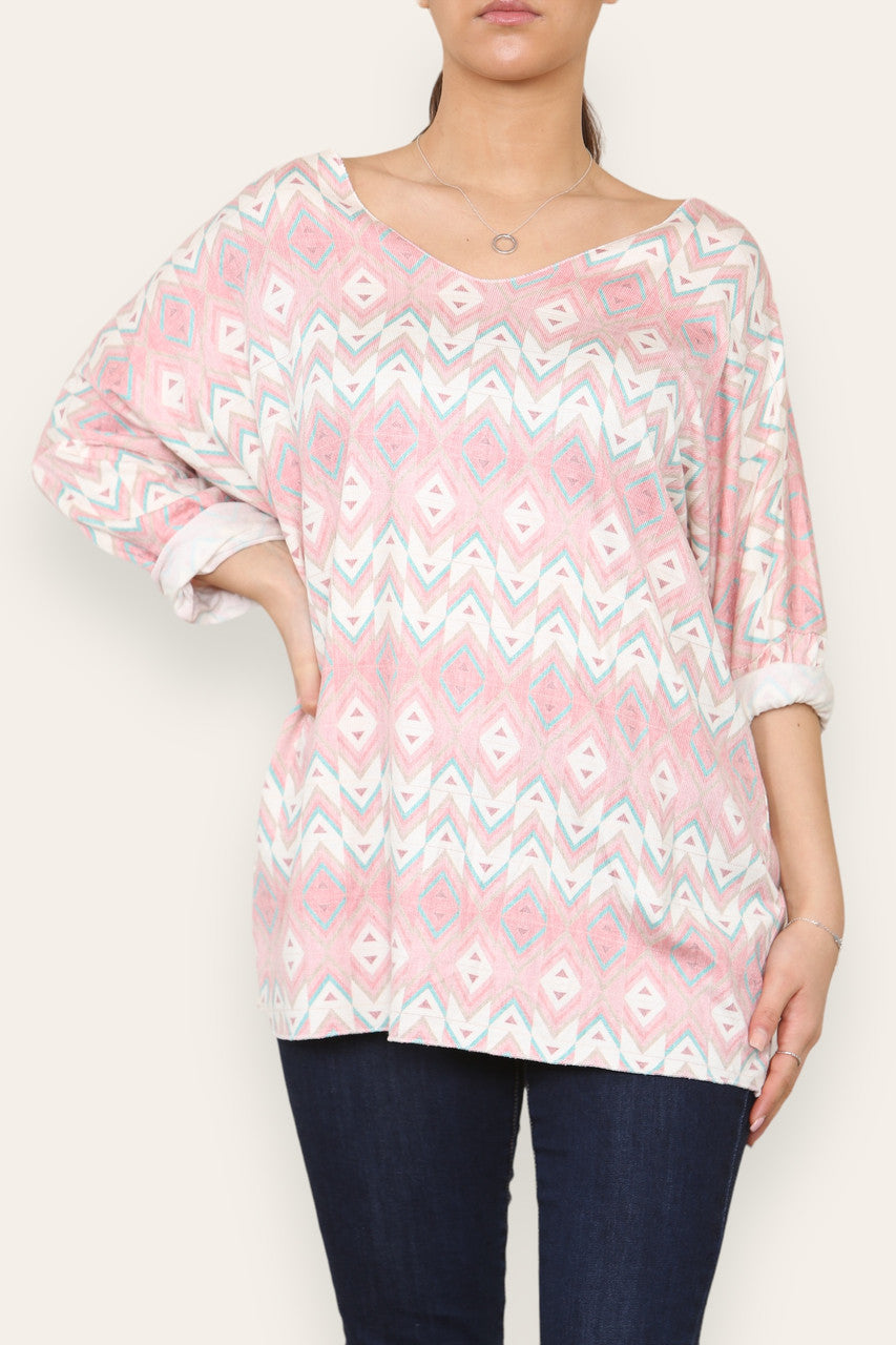 GEOMETRIC AZTEC PRINT FINE KNIT TOP PINK