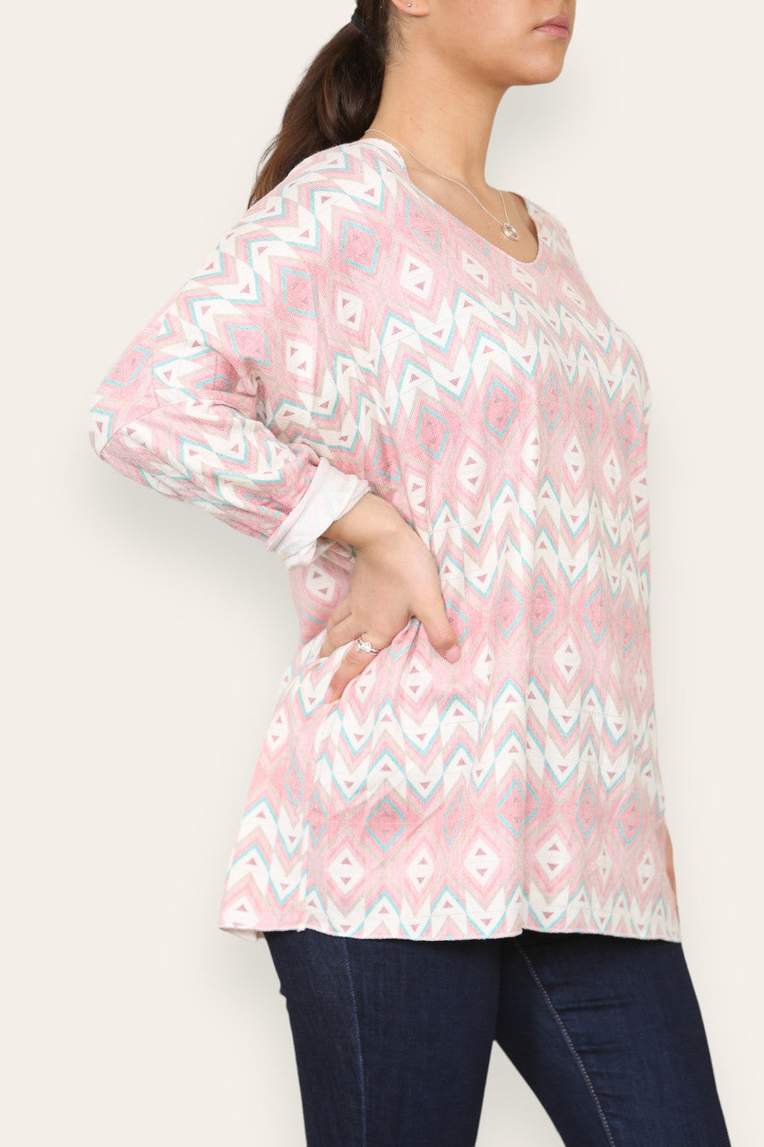 GEOMETRIC AZTEC PRINT FINE KNIT TOP PINK