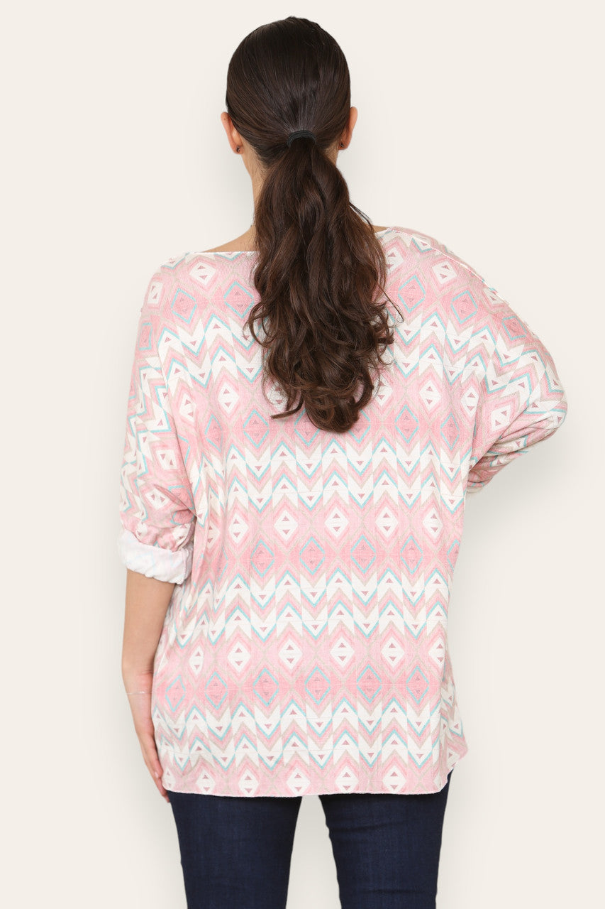 GEOMETRIC AZTEC PRINT FINE KNIT TOP PINK
