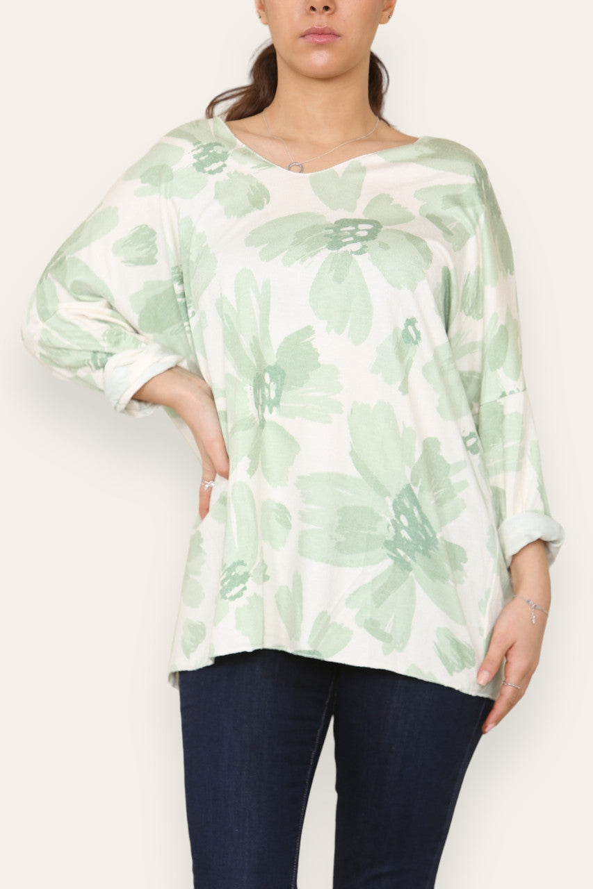 DAISY FADED FLOWER PRINT FINE KNIT TOP GREEN