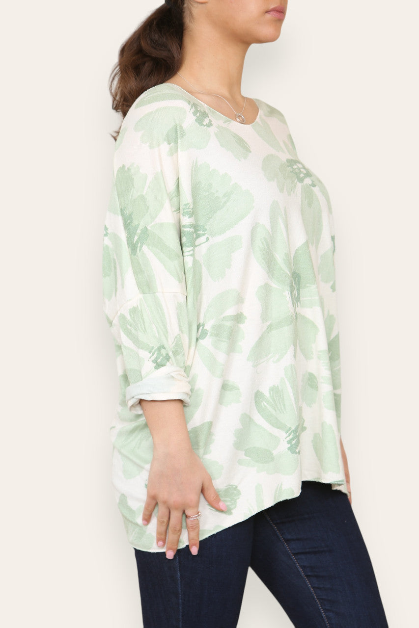 DAISY FADED FLOWER PRINT FINE KNIT TOP GREEN