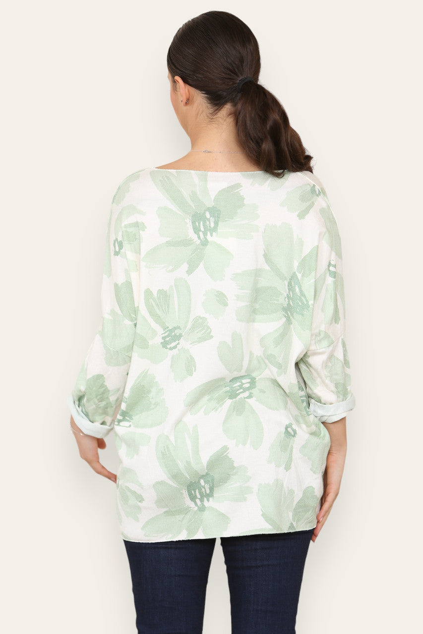 DAISY FADED FLOWER PRINT FINE KNIT TOP GREEN