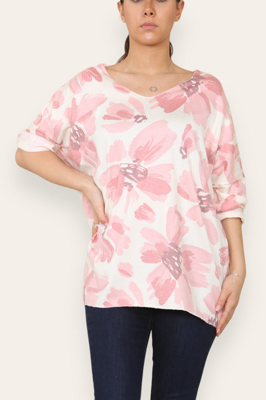 DAISY FADED FLOWER PRINT FINE KNIT TOP PINK