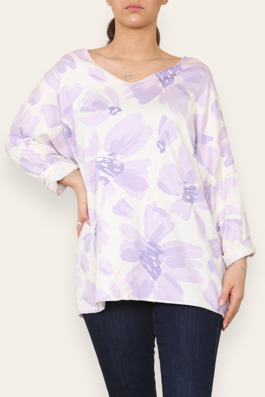 DAISY FADED FLOWER PRINT FINE KNIT TOP LILAC