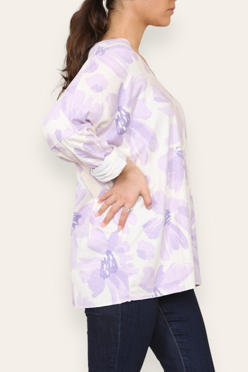 DAISY FADED FLOWER PRINT FINE KNIT TOP LILAC