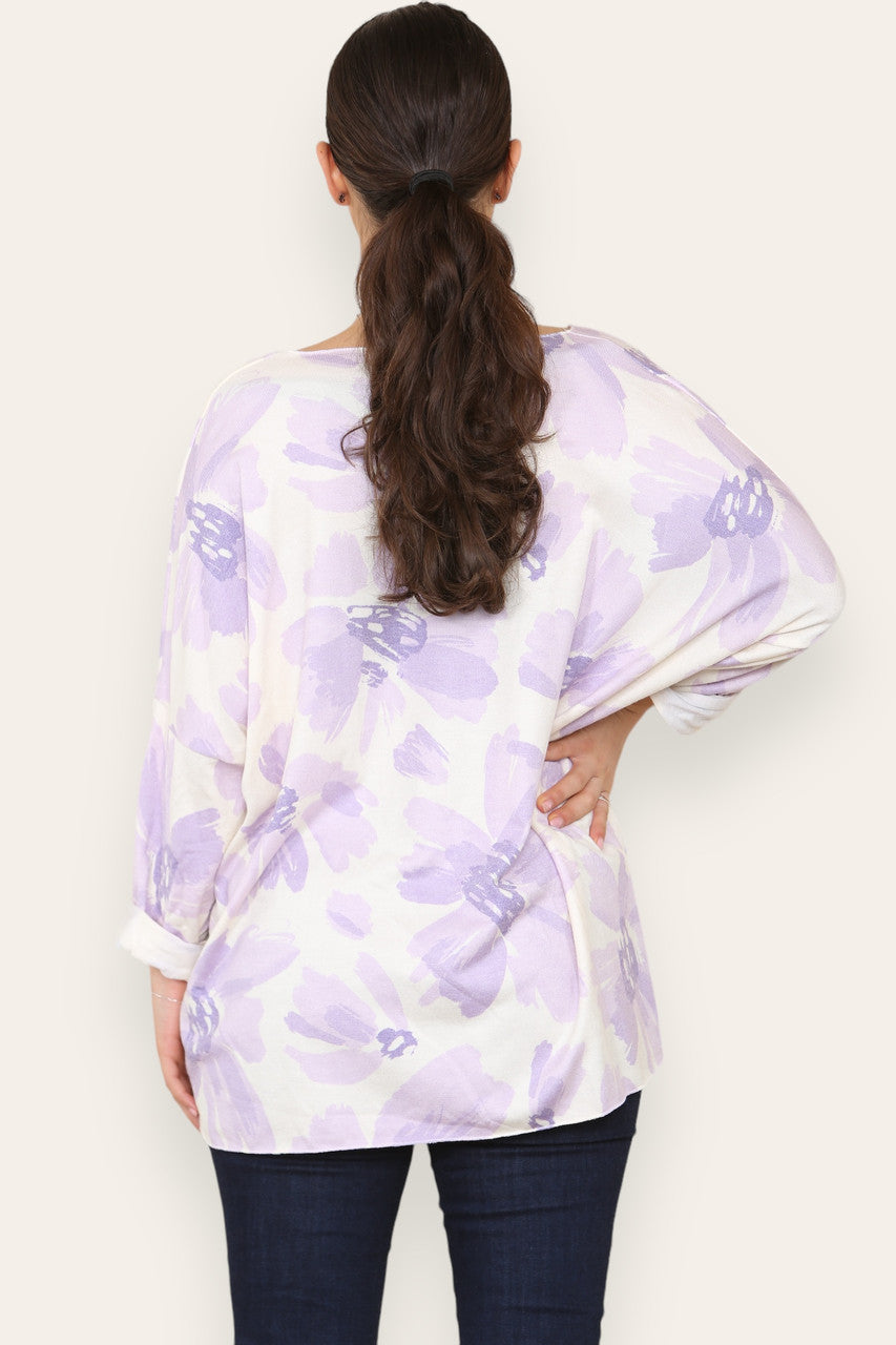 DAISY FADED FLOWER PRINT FINE KNIT TOP LILAC