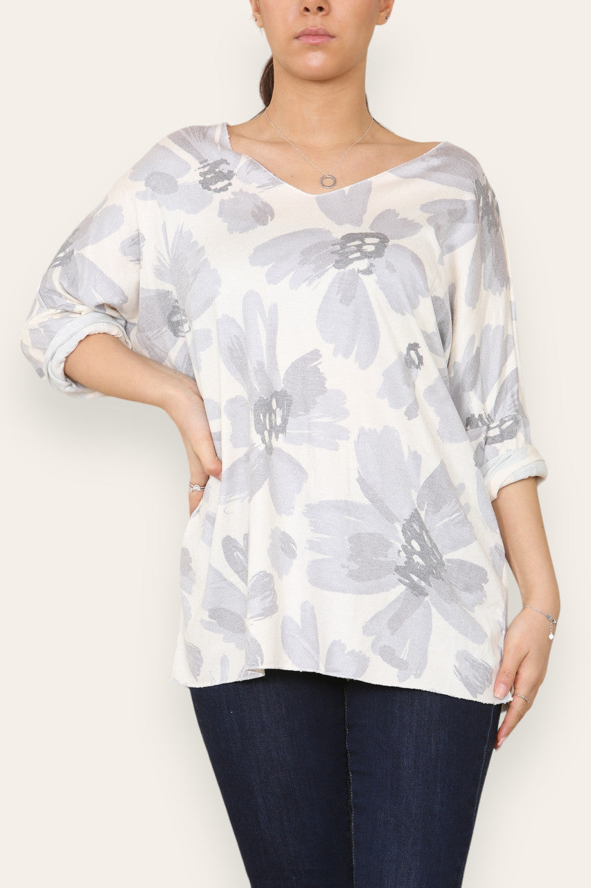 DAISY FADED FLOWER PRINT FINE KNIT TOP GREY