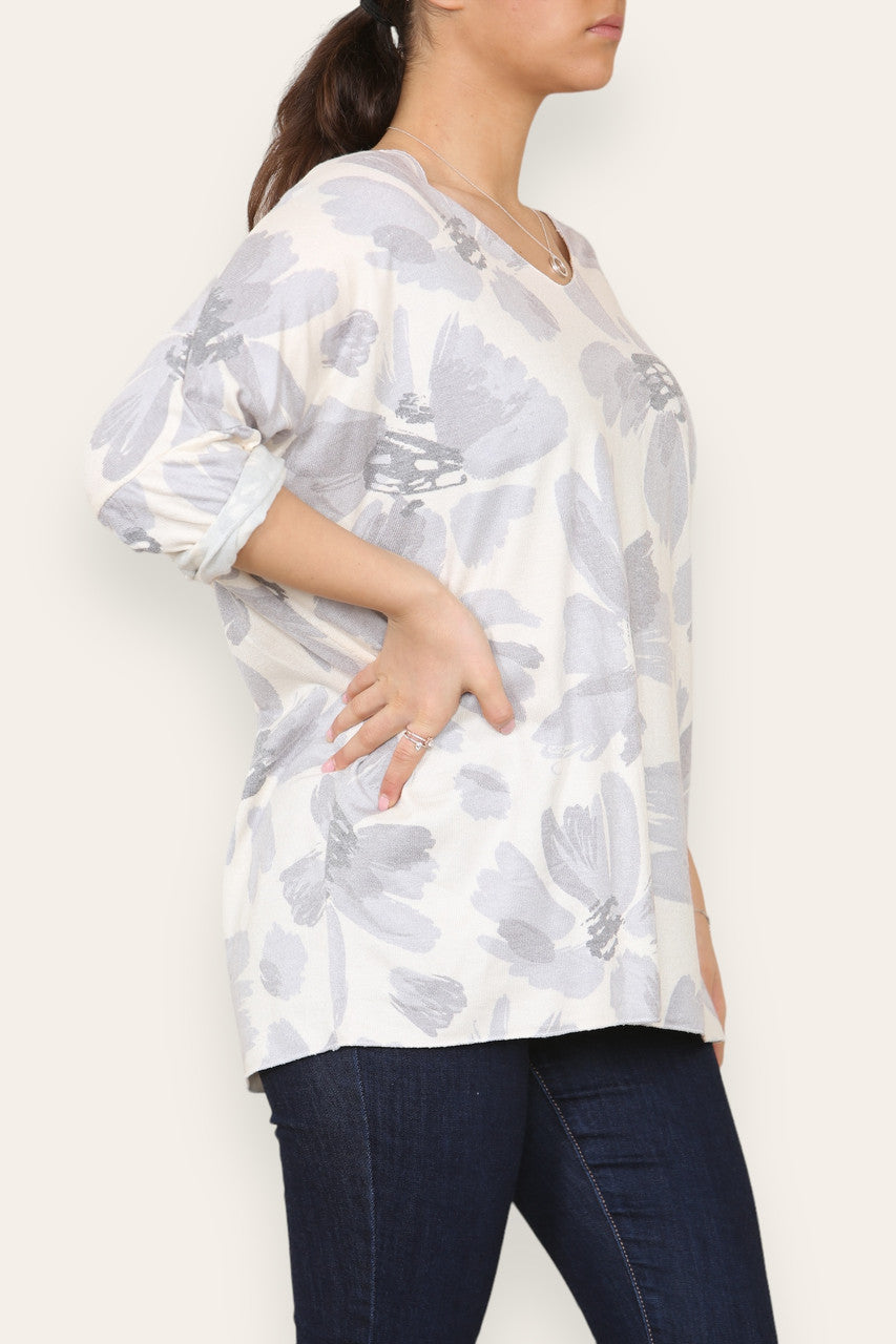 DAISY FADED FLOWER PRINT FINE KNIT TOP GREY