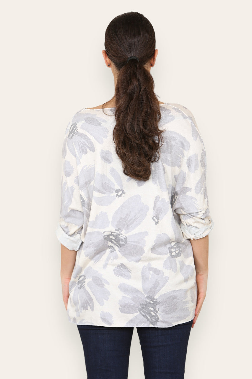 DAISY FADED FLOWER PRINT FINE KNIT TOP GREY
