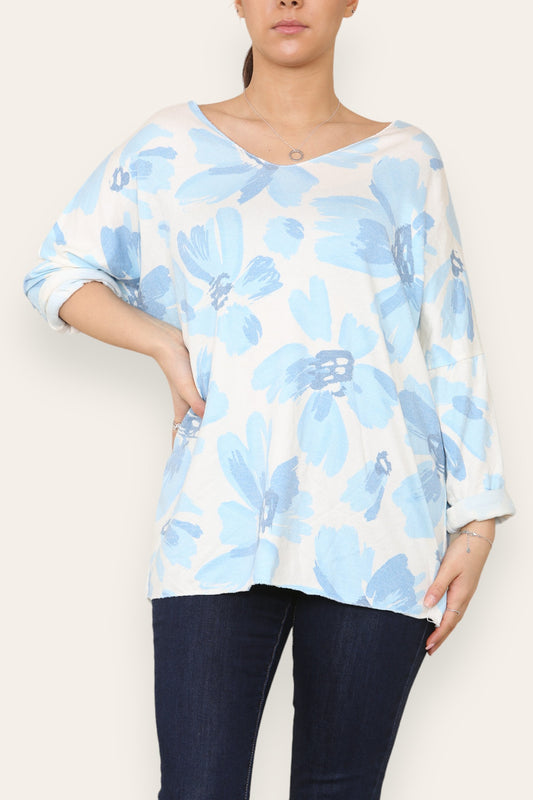 DAISY FADED FLOWER PRINT FINE KNIT TOP SKY BLUE