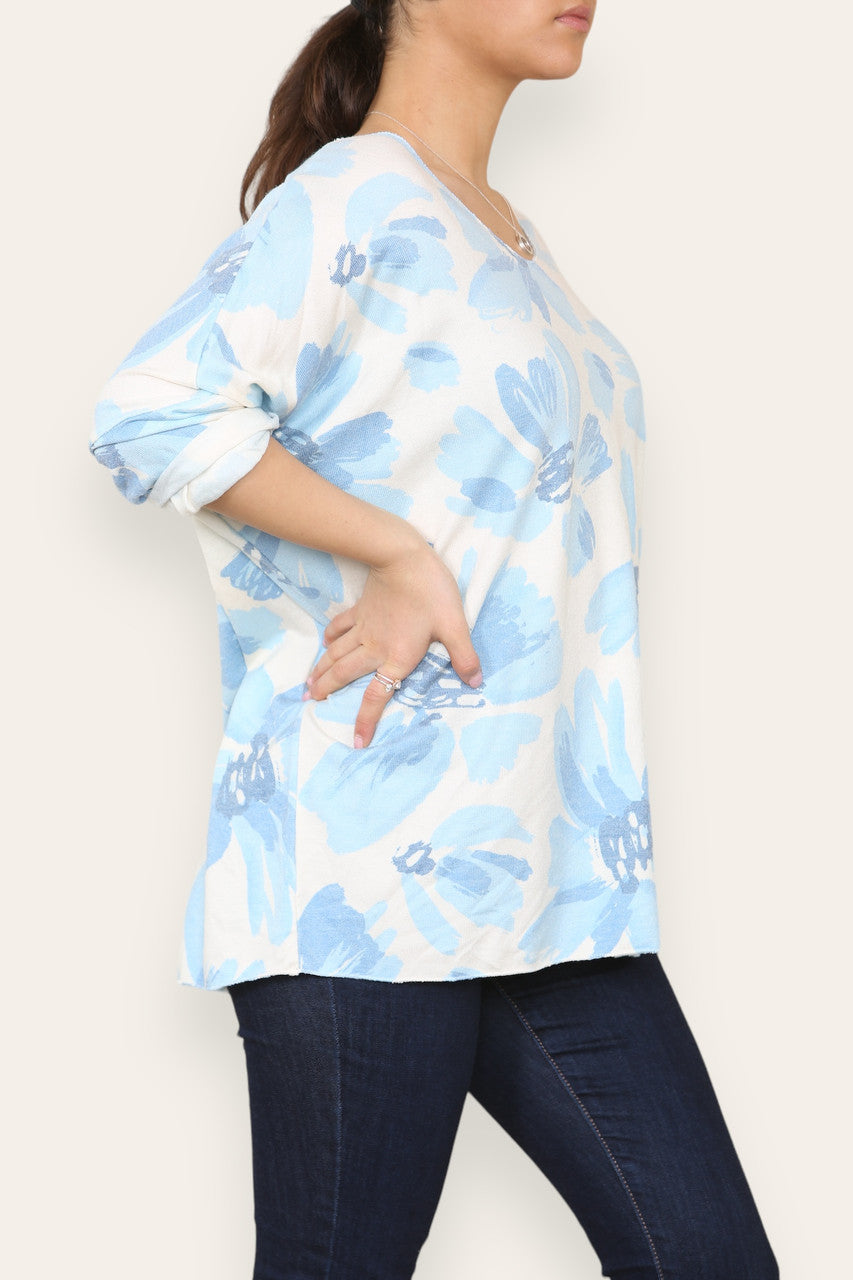 DAISY FADED FLOWER PRINT FINE KNIT TOP SKY BLUE