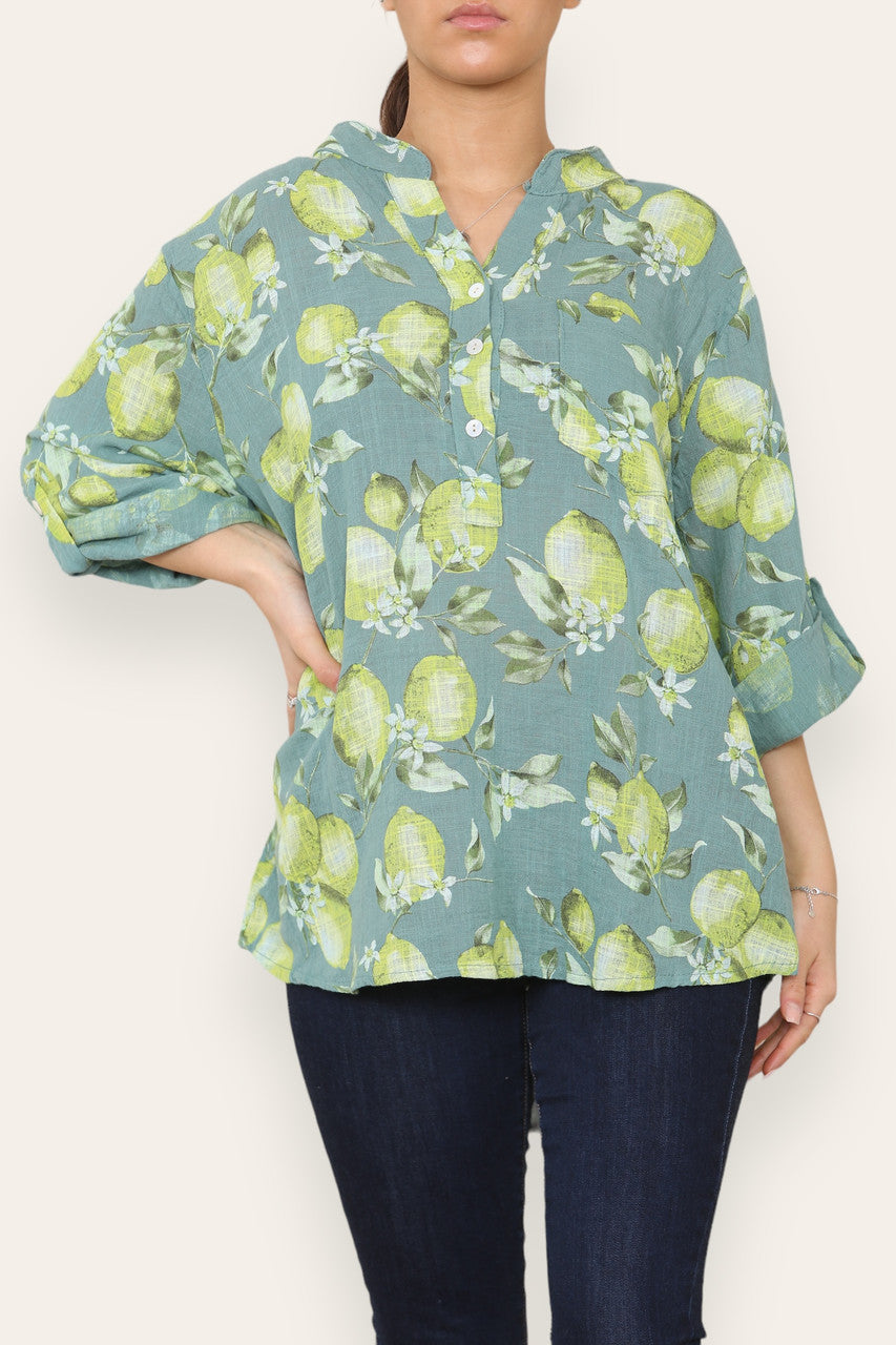 LEMONS PRINT GRANDAD SHIRT GREEN