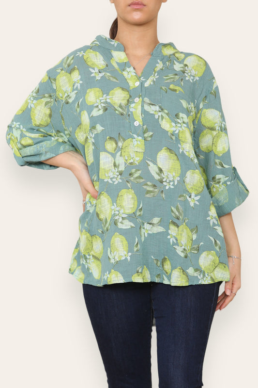 LEMONS PRINT GRANDAD SHIRT GREEN