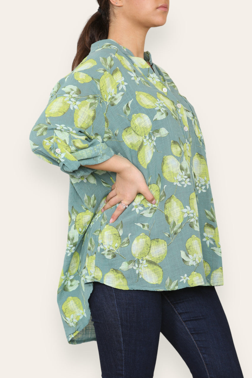 LEMONS PRINT GRANDAD SHIRT GREEN