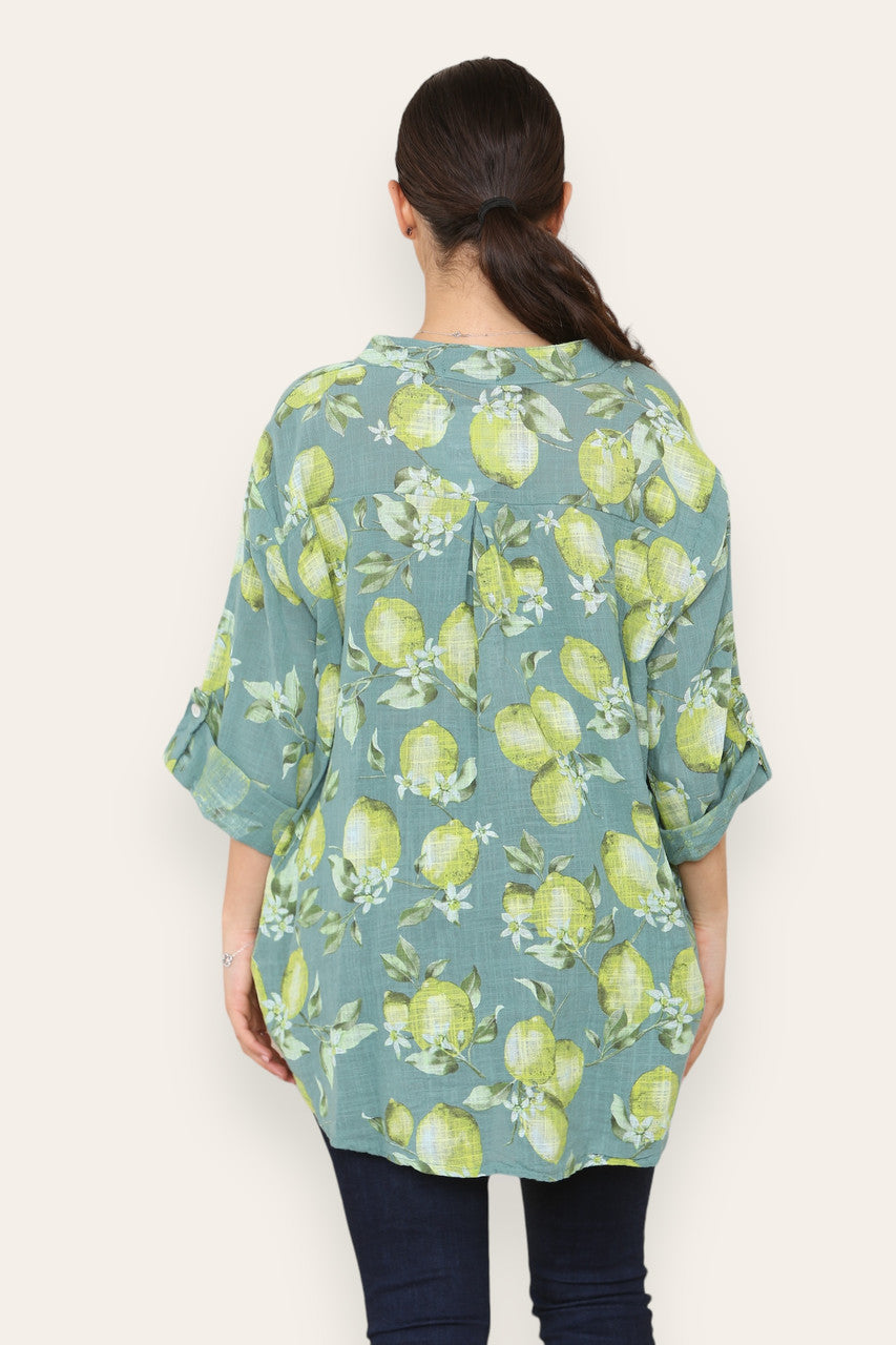 LEMONS PRINT GRANDAD SHIRT GREEN