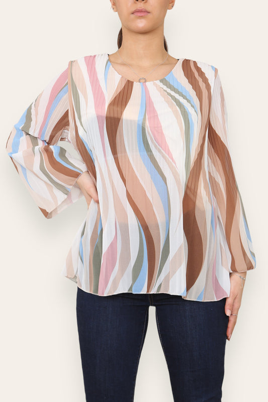 BLOUSE MET PLOOIEN EN ZWEMLINTEKEN PRINT IN STEENKLEUR