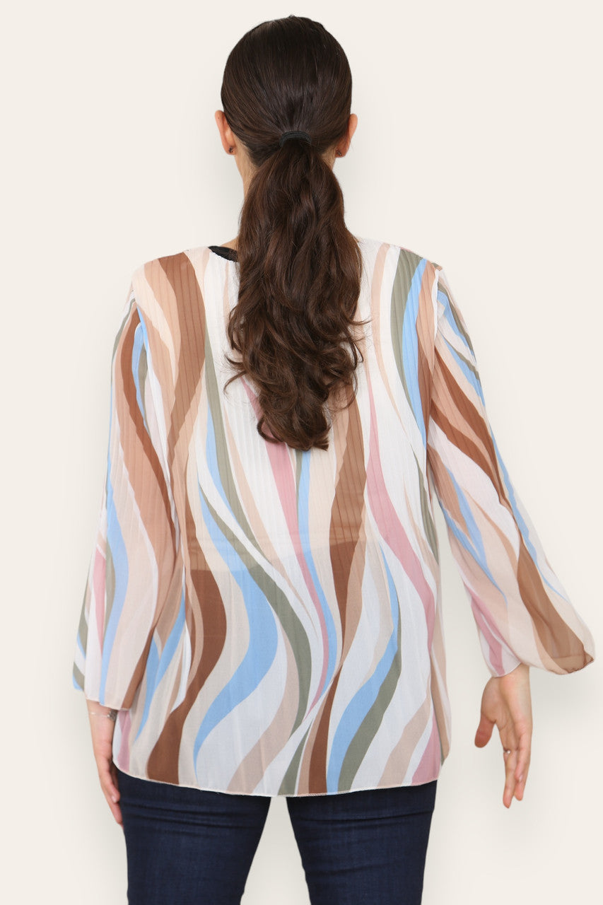 SWIRL LINES PRINT PLEATED BLOUSE TOP STONE
