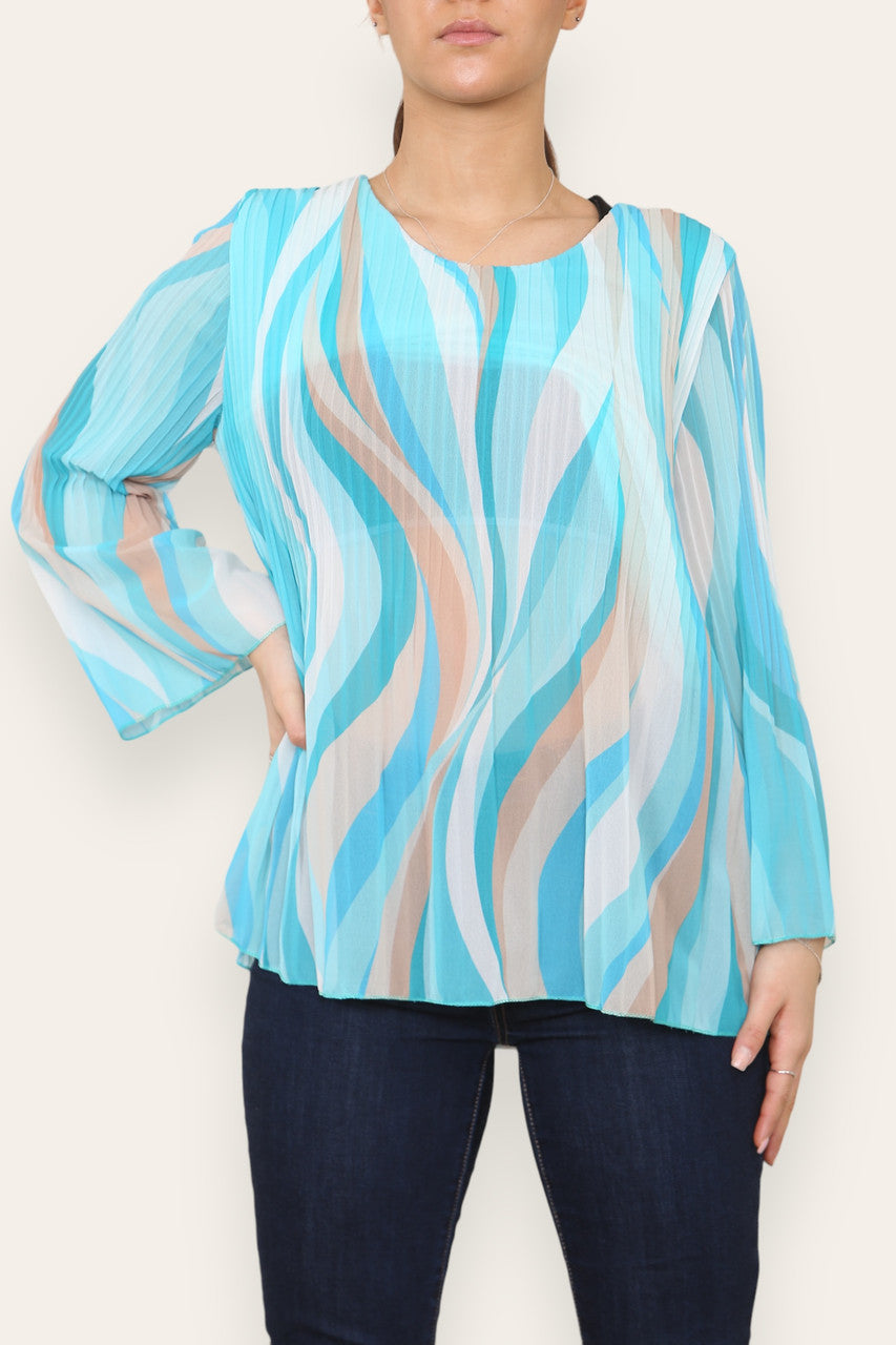 SWIRL LINES PRINT PLEATED BLOUSE TOP TURQUOISE